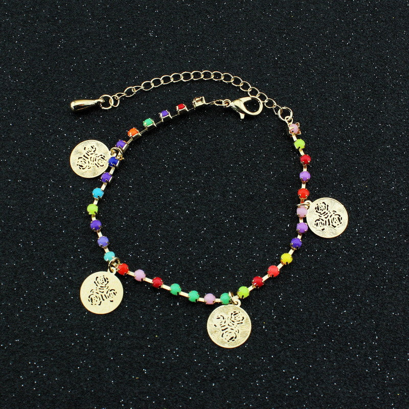 Claw Colored Crystal Rose Wafer Tassel Anklet