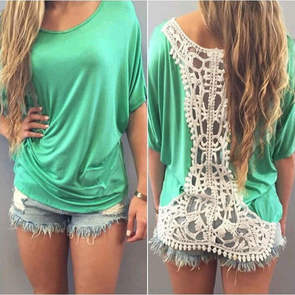 Casual Lace Patchwork Back Hollow Out Short Sleeves Scoop T-shirt – May ...