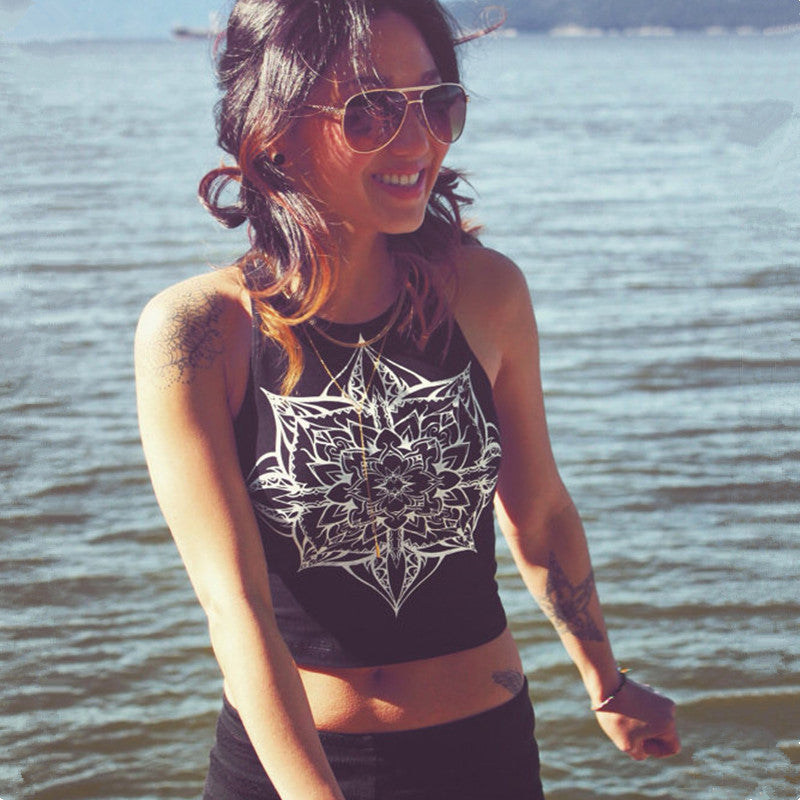 Scoop Sleeveless Flower Print Crop Top Sexy Vest