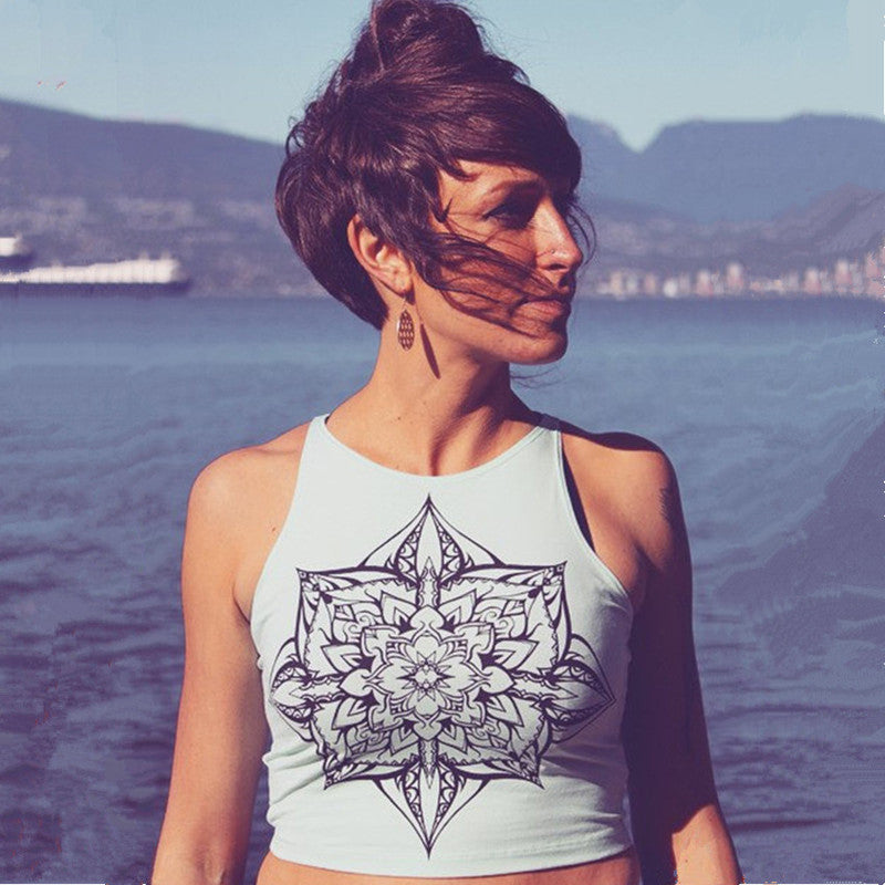 Scoop Sleeveless Flower Print Crop Top Sexy Vest