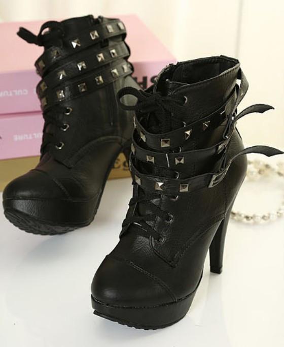 Removable Rivet Buckle Belt High Heeled Moto Boots