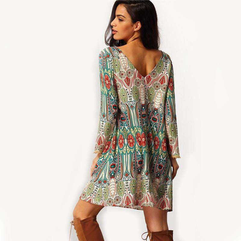 Print O-neck Open Back Long Sleeve Short Dress