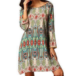 Print O-neck Open Back Long Sleeve Short Dress