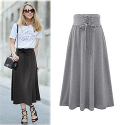 Lace Up Elastic Solid Pleated Long Skirt - May Your Fashion - 2
