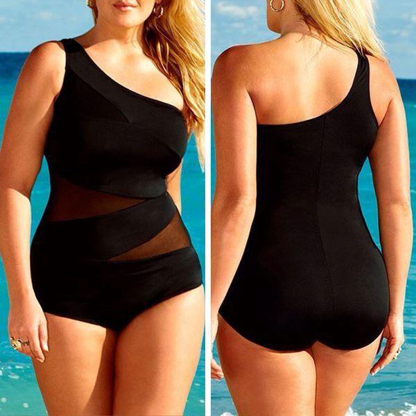 Plus Size One Shoulder Mesh Patchwork One Piece Swimwear