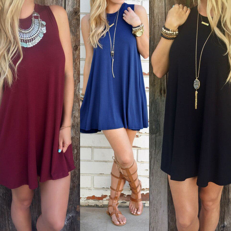 Pure Color O-neck Sleeveless Loose Short Dress