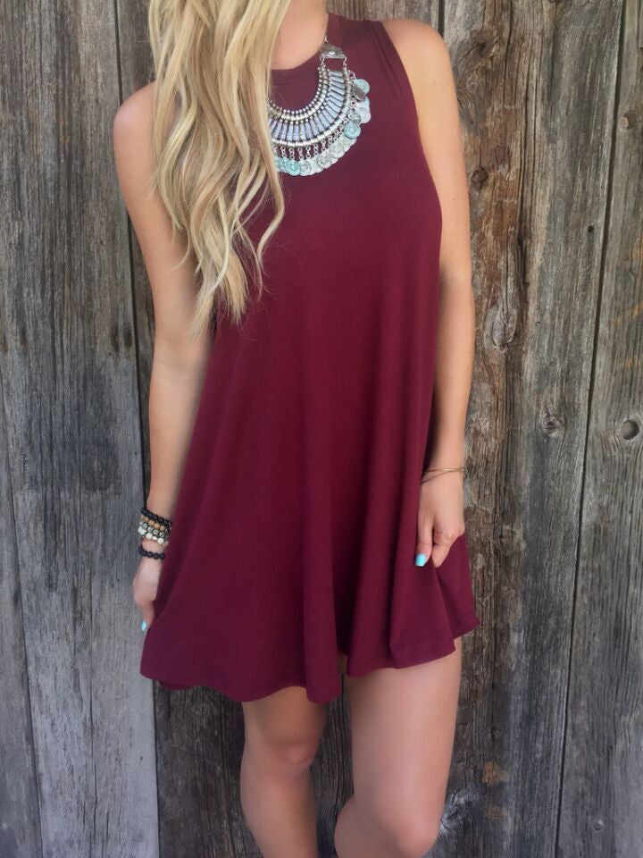 Pure Color O-neck Sleeveless Loose Short Dress