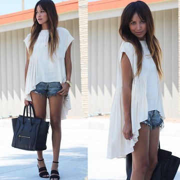 Scoop Short Sleeves Ruffled Irregular Pure Color Blouse