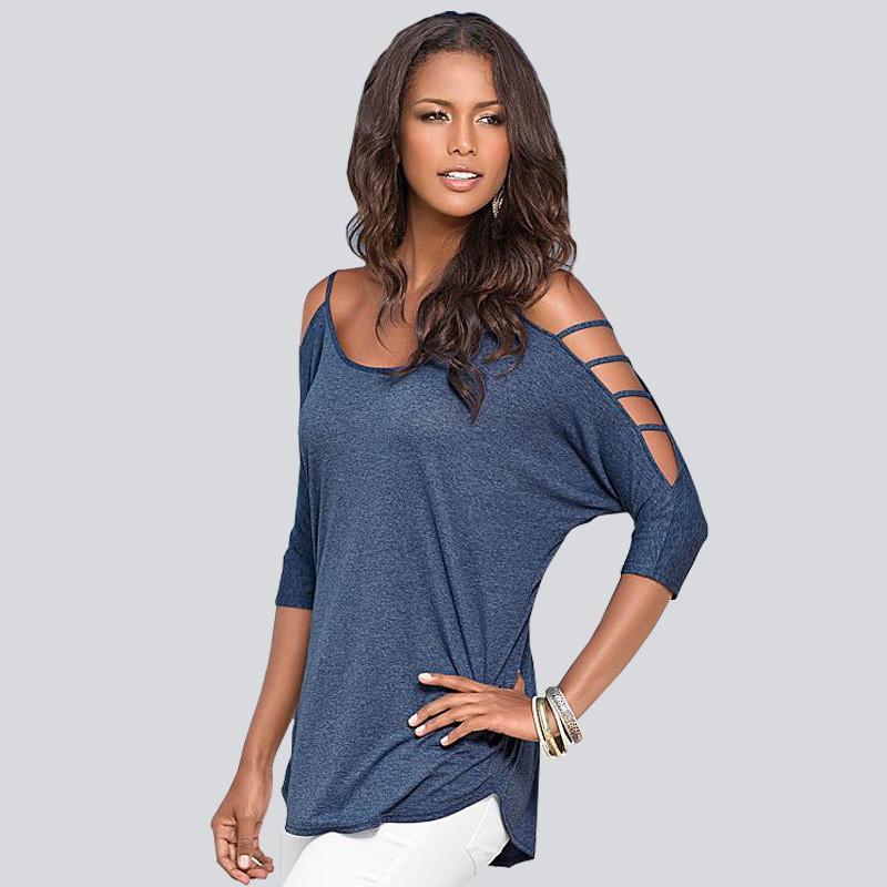 Hollow Out Scoop Pure Color 3/4 Sleeves T-shirt - Meet Yours Fashion - 5