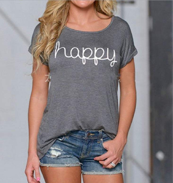 Scoop Letter Flower Print Short Sleeves Fashion T-shirt