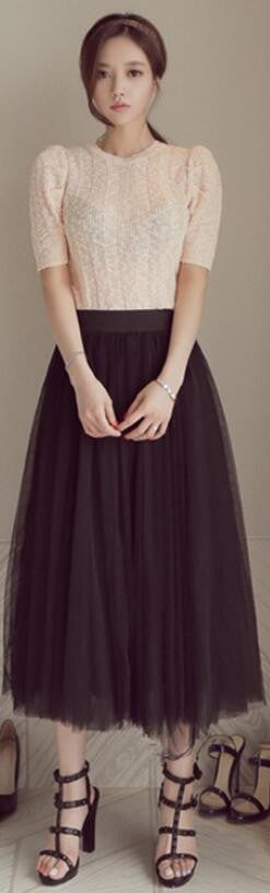 High Waist Pure Color Mesh Pleated Long Skirt