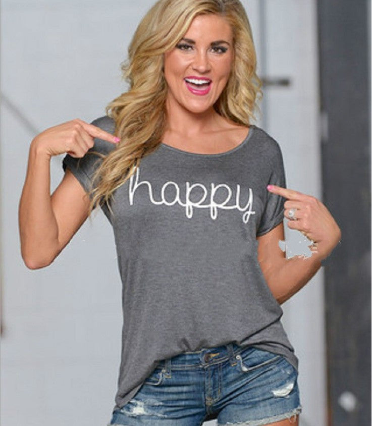 Scoop Letter Flower Print Short Sleeves Fashion T-shirt