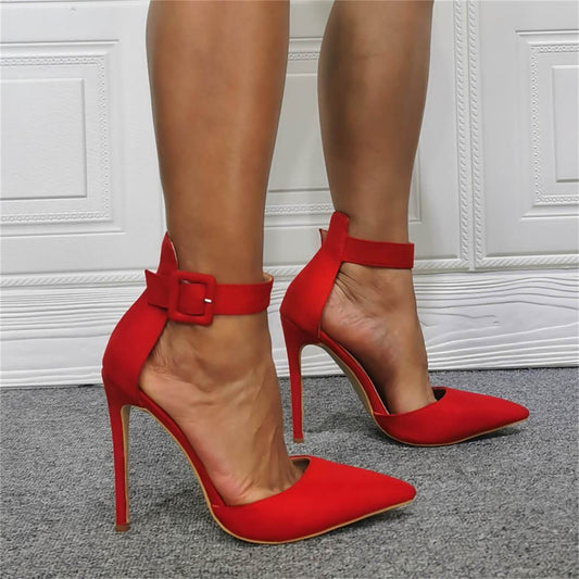 Red Suede Point Toe Ankle Buckle High Heels