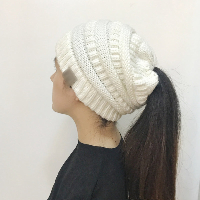 Women's Winter Outdoor Warm Wool Hat Empty Top Horsetail Knitted Hat
