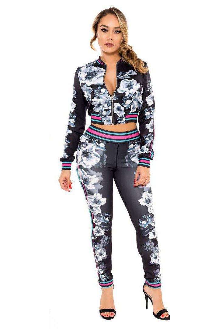 Flower Print Crop Top Coat with Skinny Pants Two Pieces Set