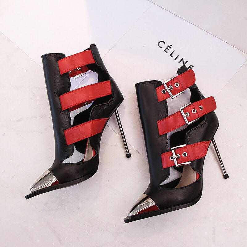 Leather Cutout Buckle Point Toe High Heel Sandals
