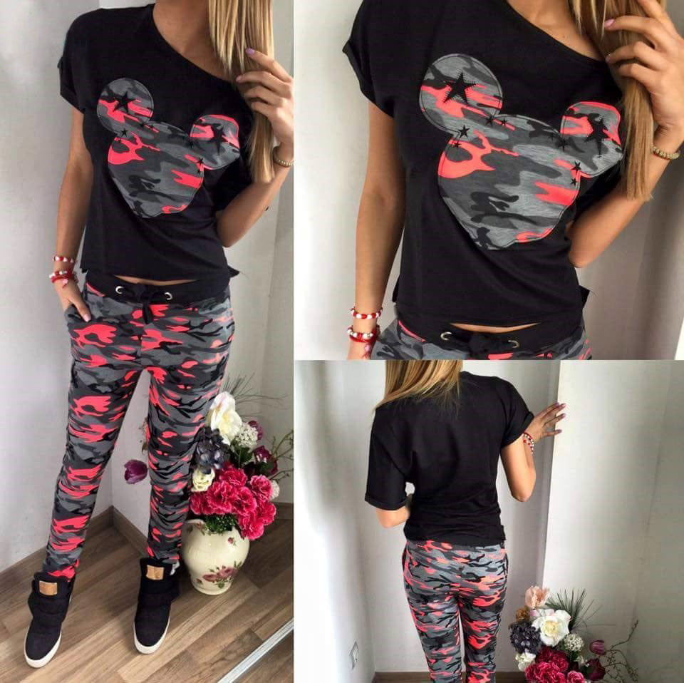Print Sweatshirt Drawstring Pants Mickey Camouflage Print Two Pieces Set