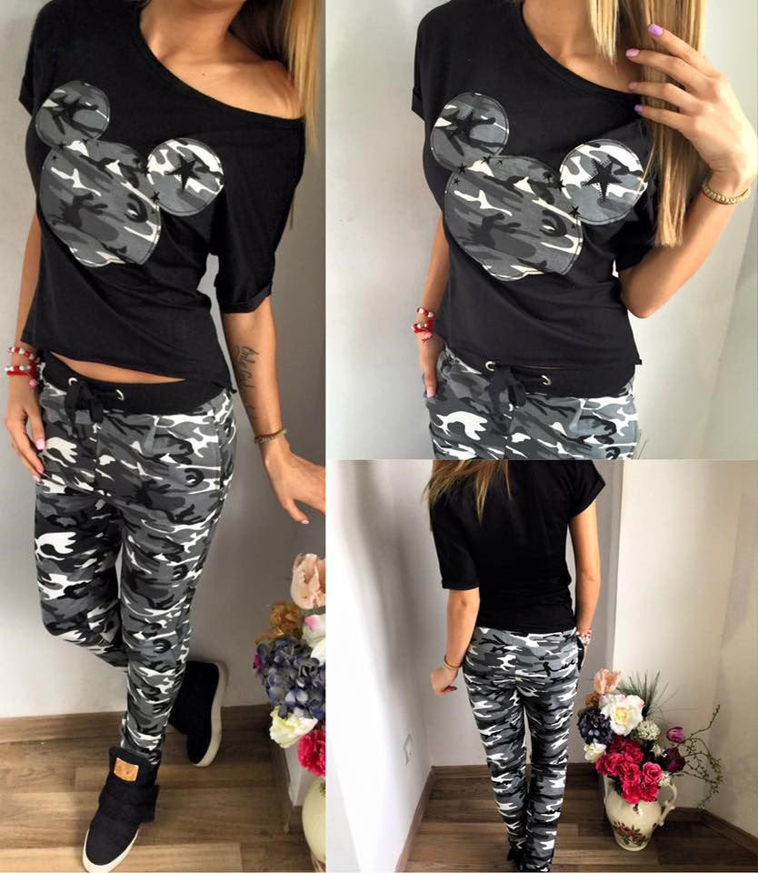 Print Sweatshirt Drawstring Pants Mickey Camouflage Print Two Pieces Set