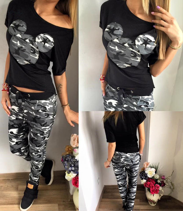 Print Sweatshirt Drawstring Pants Mickey Camouflage Print Two Pieces Set