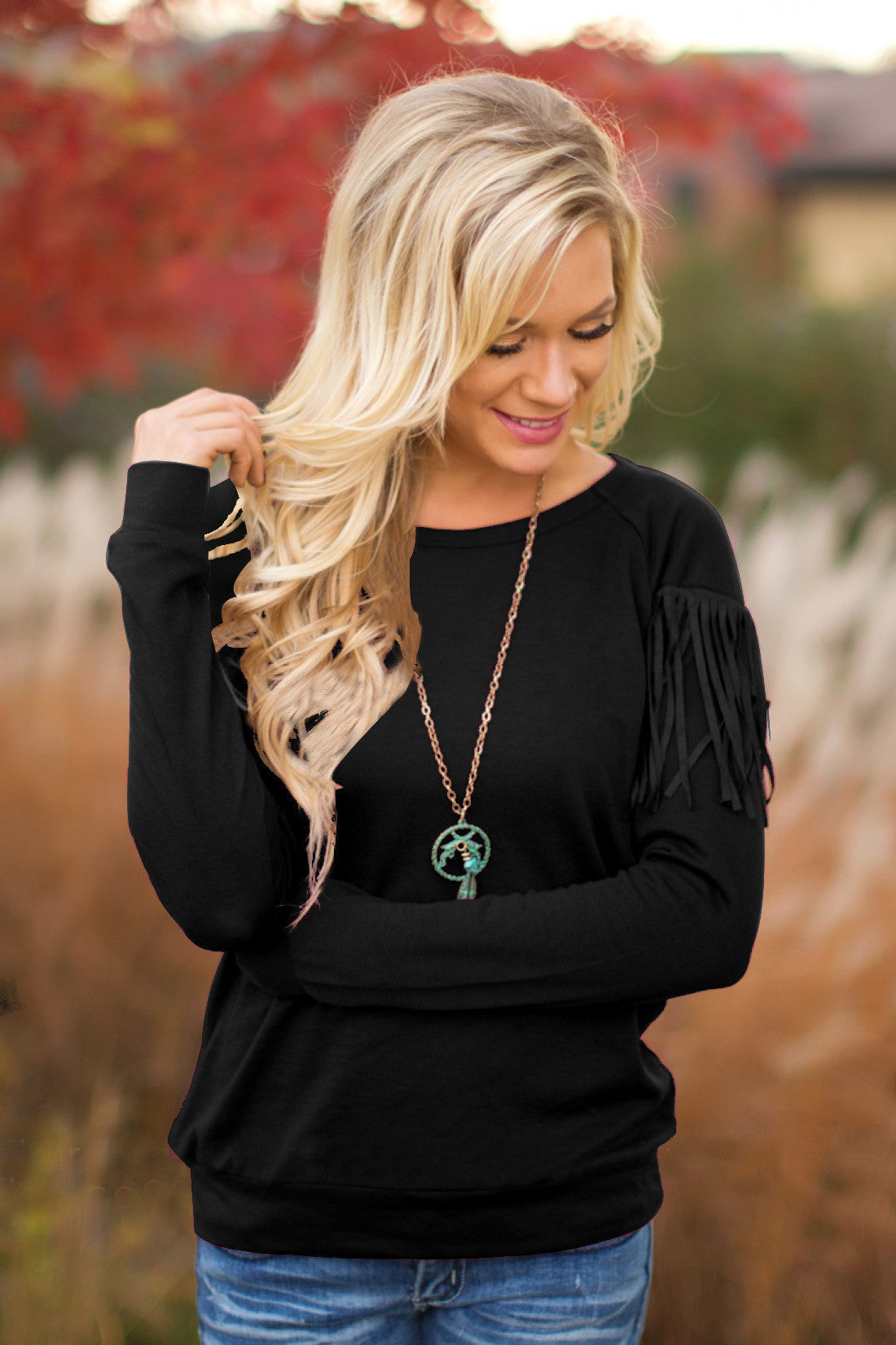 Pullover Scoop Long Sleeve Tassel Decorate Knit Blouse