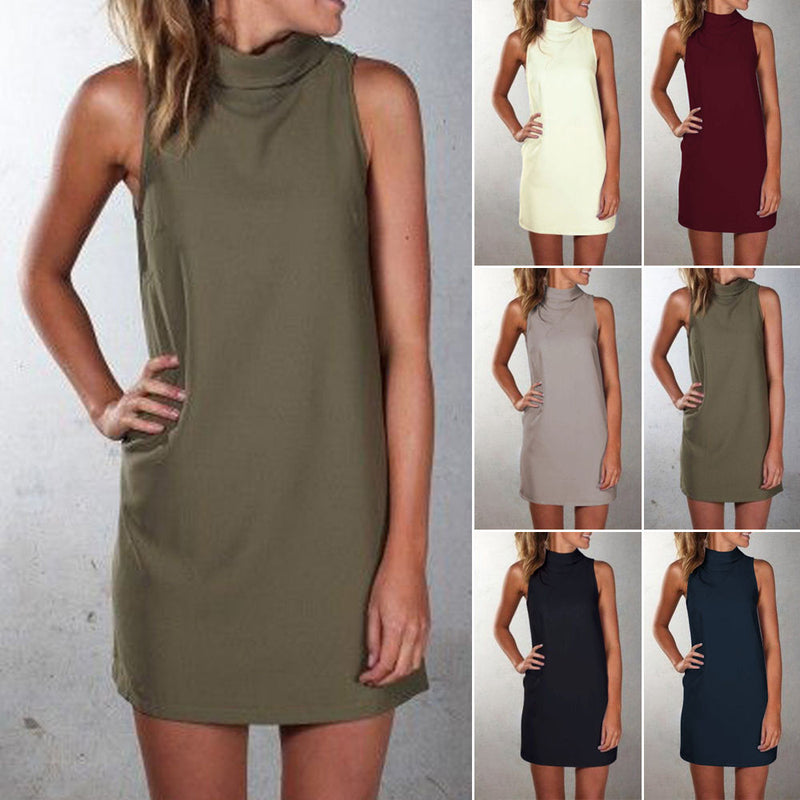 Plus Size Pure Color O-neck Sleeveless Short Dress