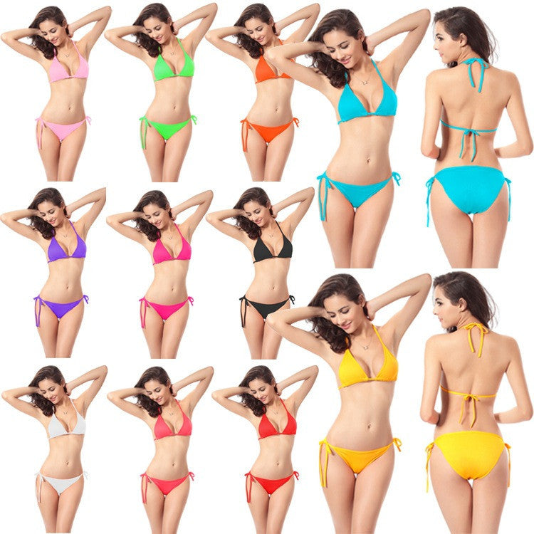 Candy Color Halter Lace Up Two Pieces Swimwear