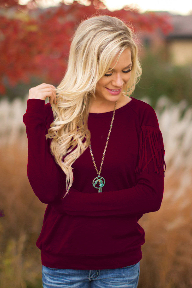 Pullover Scoop Long Sleeve Tassel Decorate Knit Blouse