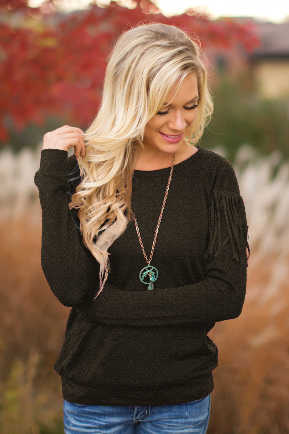 Pullover Scoop Long Sleeve Tassel Decorate Knit Blouse