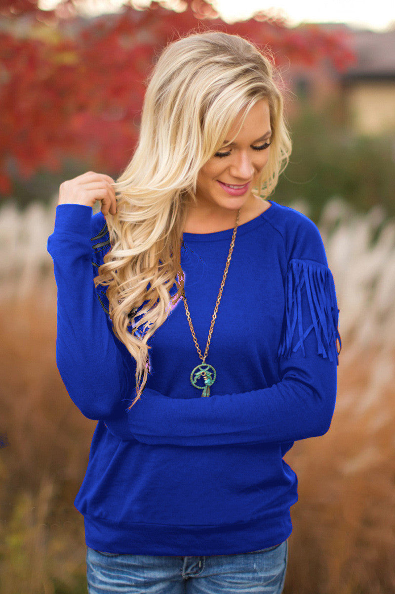 Pullover Scoop Long Sleeve Tassel Decorate Knit Blouse