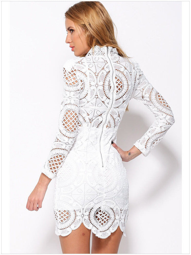 Hollow Out Lace High Neck Long Sleeve Lining Short Dress
