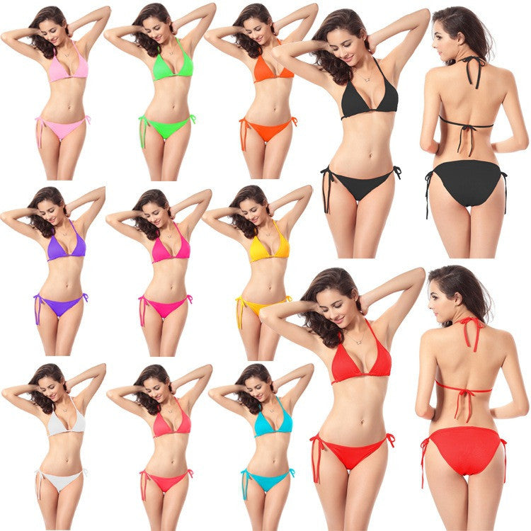Candy Color Halter Lace Up Two Pieces Swimwear