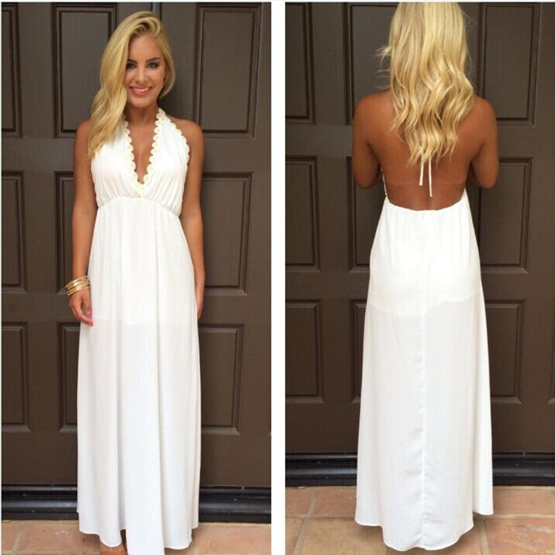 Backless V-neck White Long Chiffon Party Dress 