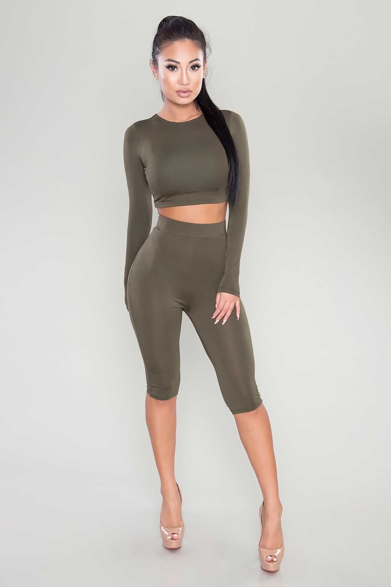 Scoop Crop Top Knee-length Pant Pure Color Two Pieces Set