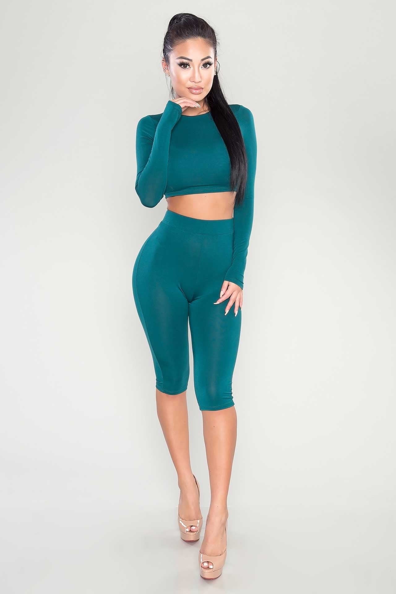 Scoop Crop Top Knee-length Pant Pure Color Two Pieces Set