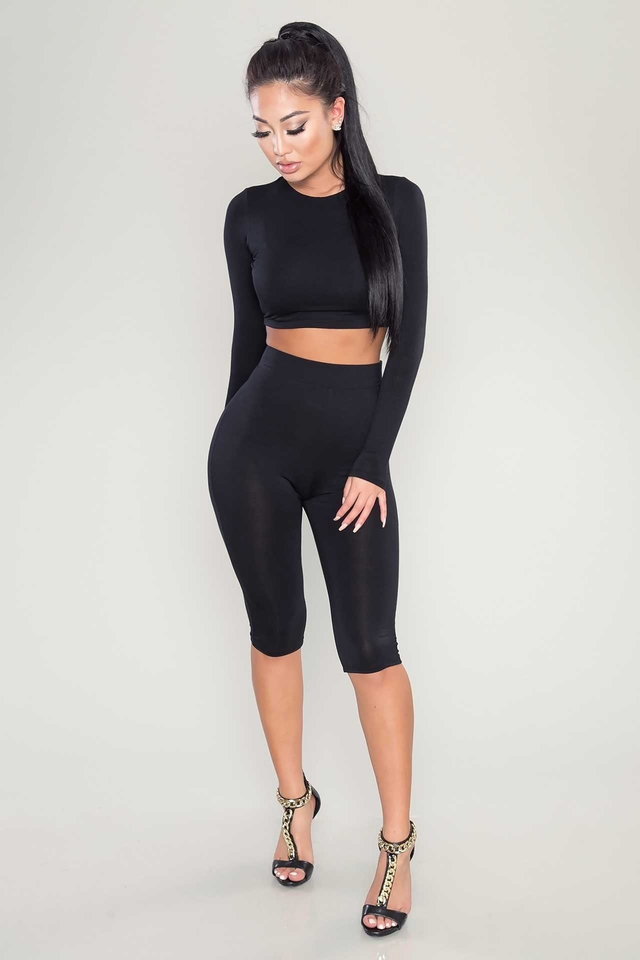 Scoop Crop Top Knee-length Pant Pure Color Two Pieces Set