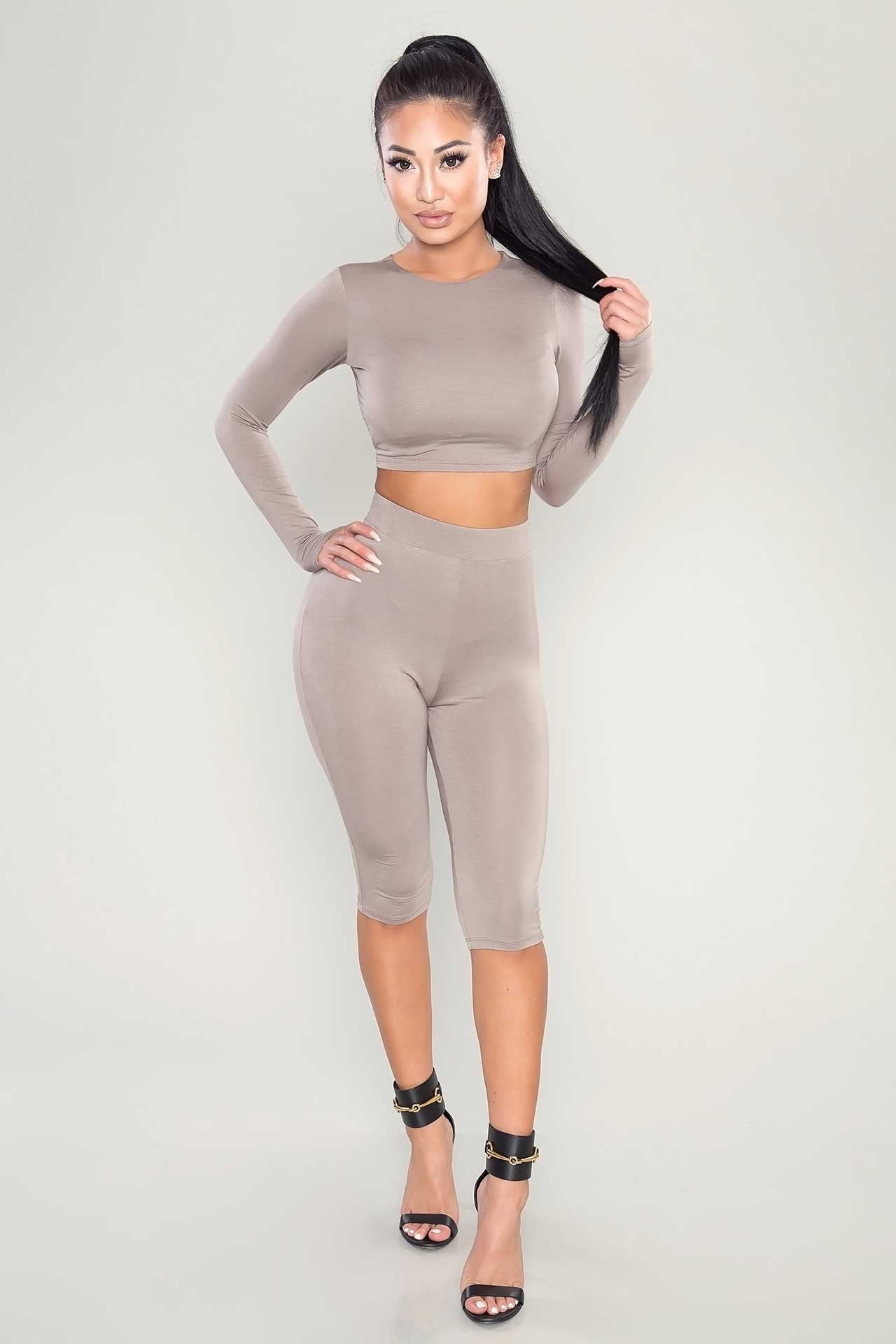 Scoop Crop Top Knee-length Pant Pure Color Two Pieces Set