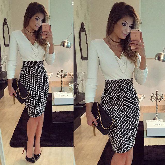 V-neck Long Sleeves Patchwork Bodycon Knee-length Dress