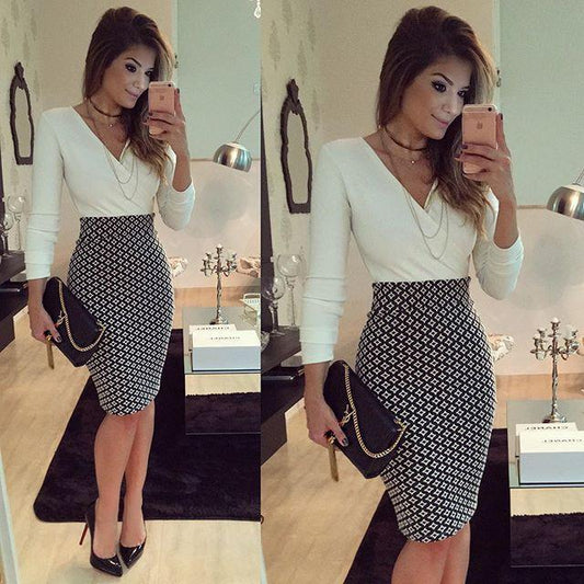 V-neck Long Sleeves Patchwork Bodycon Knee-length Dress