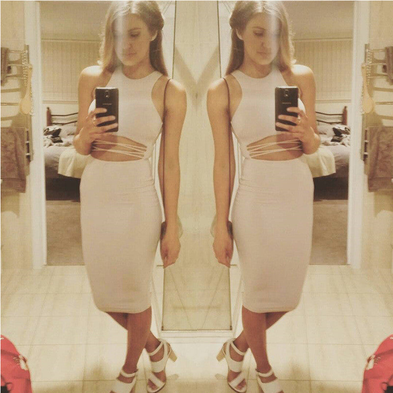 Scoop Bandage Solid Sleeveless Knee-length Dress