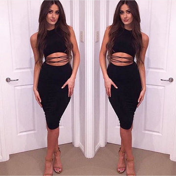 Scoop Bandage Solid Sleeveless Knee-length Dress