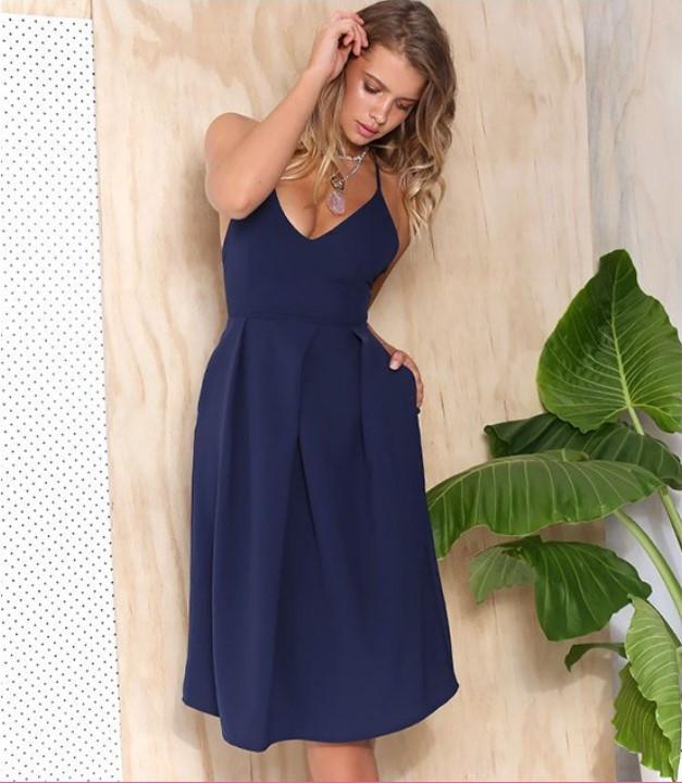 Sexy Pure Color Spaghetti Strap Cross Back A-Line Dress