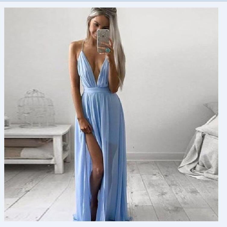Pure Color Straps Deep V-neck Split Long Dress - May Your Fashion - 1