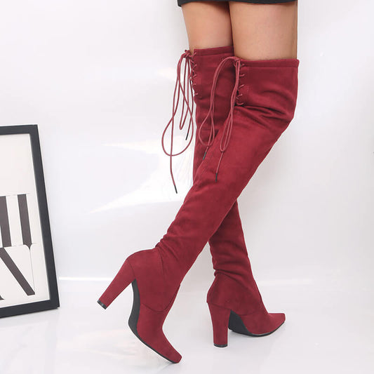 Over Knee High Heel Stretch Lace Up Boots