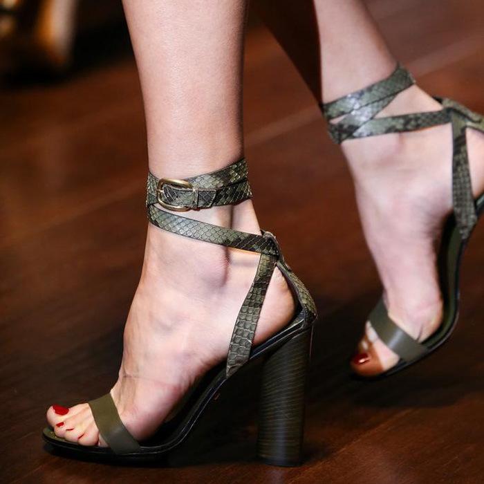 Snake-Grain Pattern Straps Cross Ankle Wrap High Chunky Heels Sandals ...