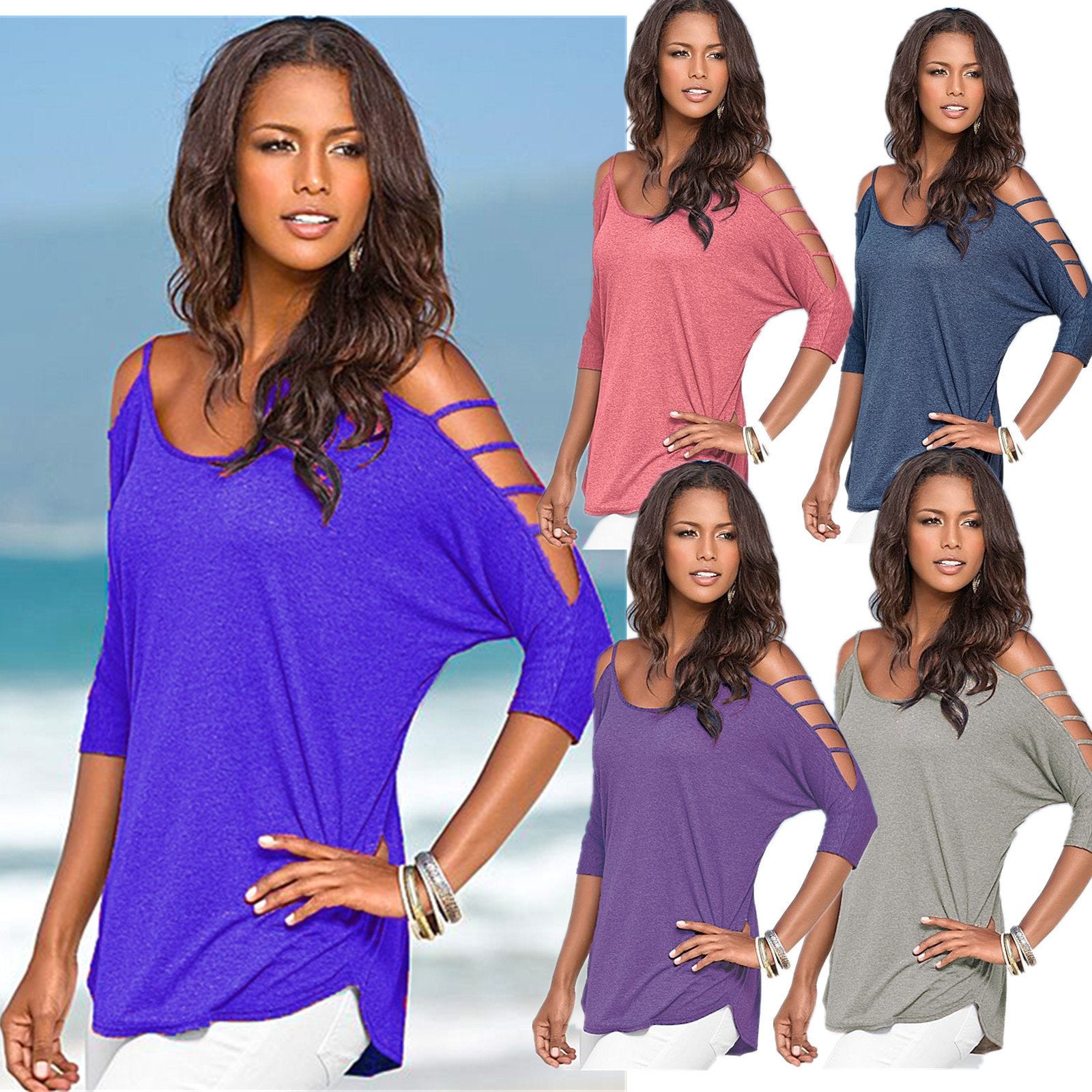 Hollow Out Scoop Pure Color 3/4 Sleeves T-shirt - Meet Yours Fashion - 1