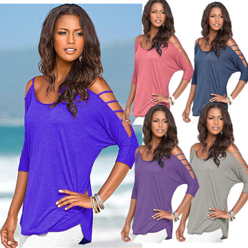 Hollow Out Scoop Pure Color 3/4 Sleeves T-shirt - Meet Yours Fashion - 1