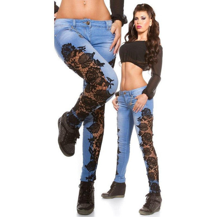 Lace Patchwork Bodycon Slim Low Waist Straight Jeans - May Your Fashion - 3