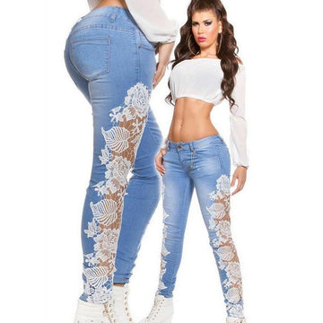 Lace Patchwork Bodycon Slim Low Waist Straight Jeans - May Your Fashion - 1