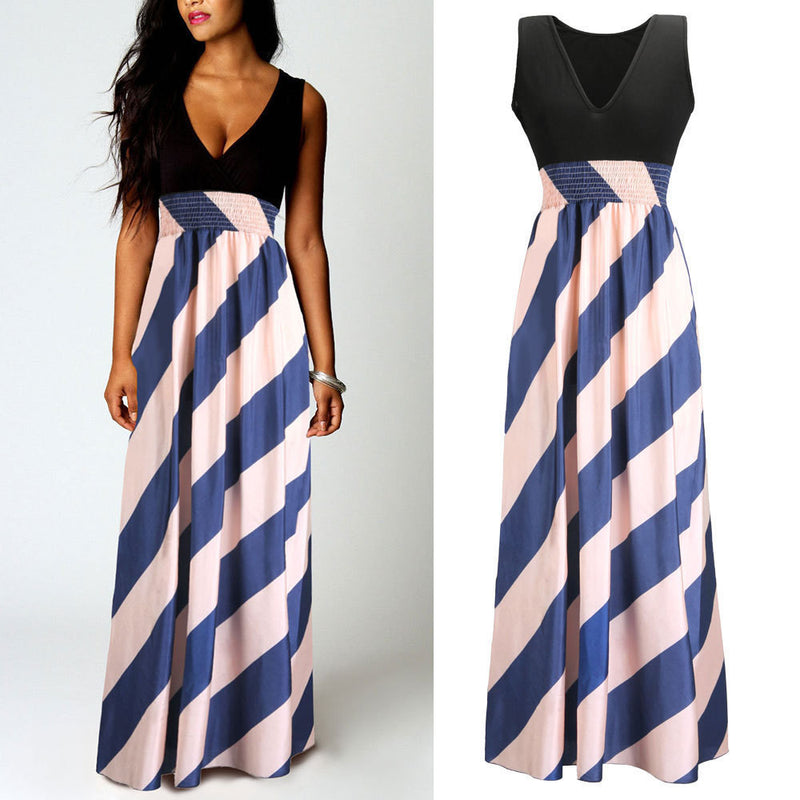 V-neck Splicing Striped Print Long Dress