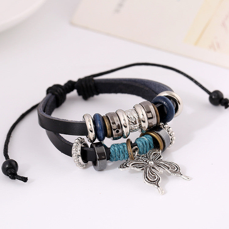 Butterfly Pendant Beaded Leather Bracelet